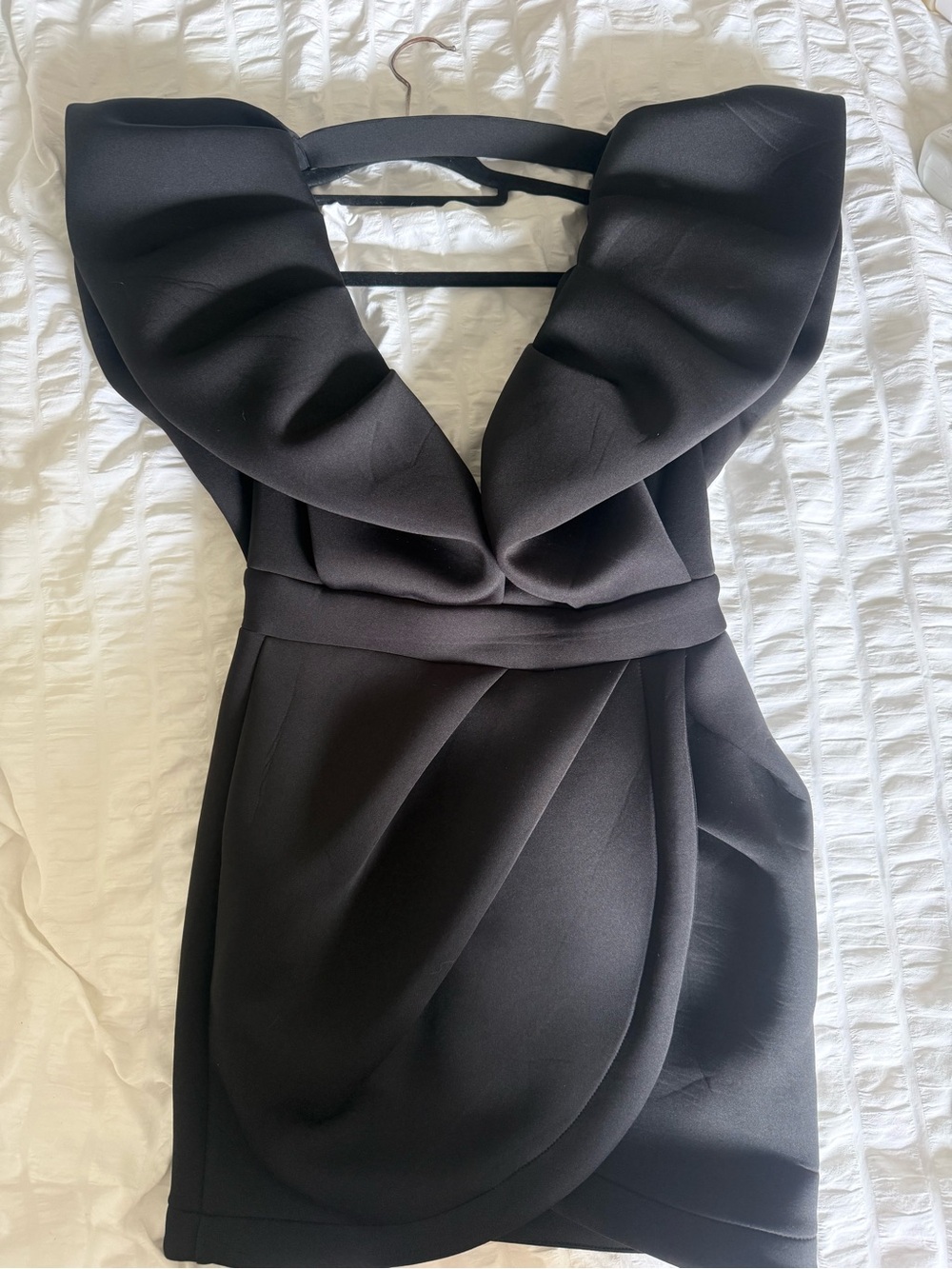 MARBLE Black Mini Dress with Sculpted Ruffle Shoulders